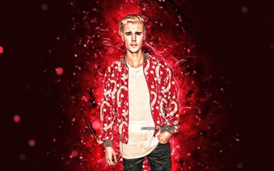 Justin Bieber, 4k, celebridade americana, vermelho luzes de neon, estrelas da m&#250;sica, Justin Drew Bieber, cantora norte-americana, superstars, Justin Bieber 4K