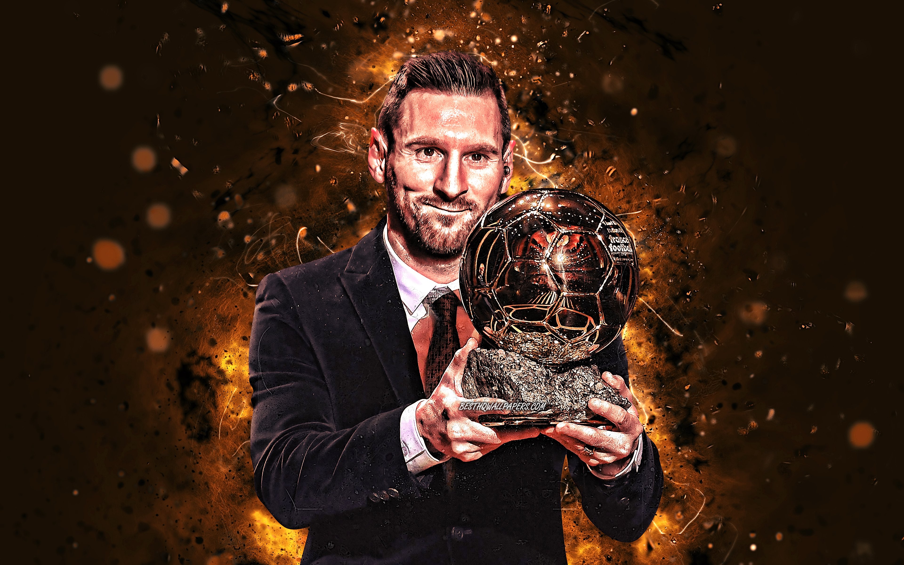 Download wallpapers Lionel Messi with golden ball, 4k, Barcelona FC