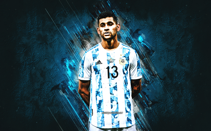 Cristian Romero, Argentina national football team, portrait, Argentine footballer, blue stone background, Aregntina, football
