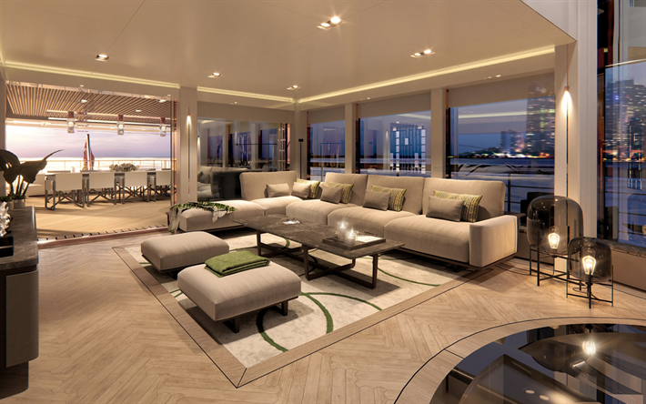 luxusyacht-interieur, wohnzimmer, yacht-interieur, stilvolles innendesign, luxusyacht, wohnzimmeridee