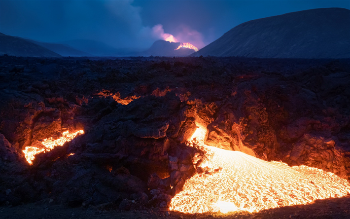 varm lava, kv&#228;ll, vulkan, lava, vulkanutbrott, vulkaniskt damm, frusen lava