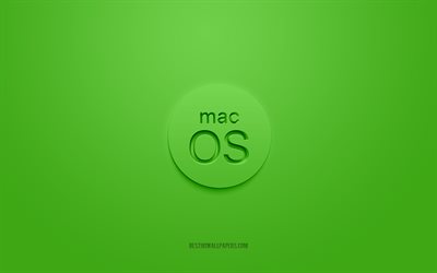 MacOS3Dロゴ, 緑の背景, MacOSの緑のロゴ, 3Dロゴ, MacOSエンブレム, Mac OS, 3Dアート