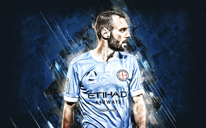 Florin Berenguer, Melbourne City FC, ranskalainen jalkapalloilija, muotokuva, Berenguer Melbourne City FC, A-liiga, sininen kivi tausta, jalkapallo