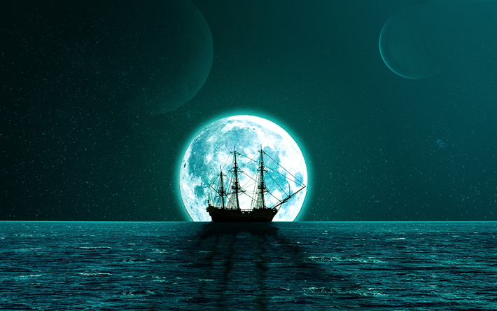 sailing ship silhouette, 4k, blue moon, sea, horizon, loneliness concepts, night landscape, sailing ship, moon