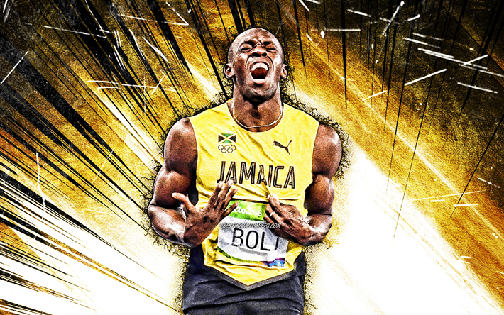 4k, Usain Bolt, grungekonst, jamaicansk f&#246;re detta sprinter, atlet, Usain St Leo Bolt, gul grungebakgrund, friidrott, kreativ, Usain Bolt 4K