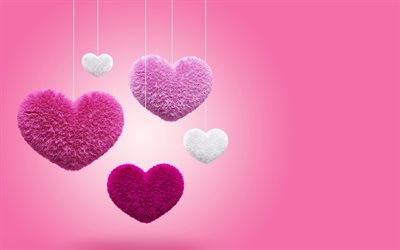 strumpebandshjärtan, kärlekskoncept, fluffiga hjärtan, rosa bakgrunder, kreativ, 3D-konst, 3D-hjärtan, bakgrund med hjärtan