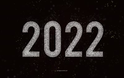 Gott nytt år 2022, vit glitterkonst, 2022 nyår, 2022 vit glitterbakgrund, 2022 koncept, svart bakgrund, 2022 gratulationskort