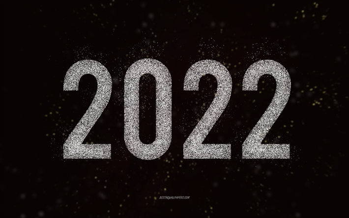 Feliz Ano Novo 2022, arte glitter branco, 2022 New Year, 2022 white glitter background, 2022 conceitos, fundo preto, 2022 cart&#227;o de felicita&#231;&#245;es