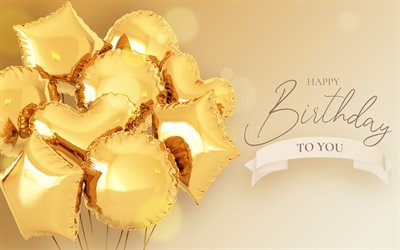 Happy birthday to you, 4k, yellow birthday background, golden balloons, birthday greeting card, bundle of golden balloons, Happy birthday