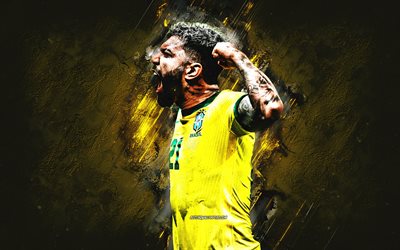 Gabriel Barbosa, Brasilian jalkapallomaajoukkue, brasilialainen jalkapalloilija, muotokuva, keltainen kivi tausta, Brasilia, jalkapallo