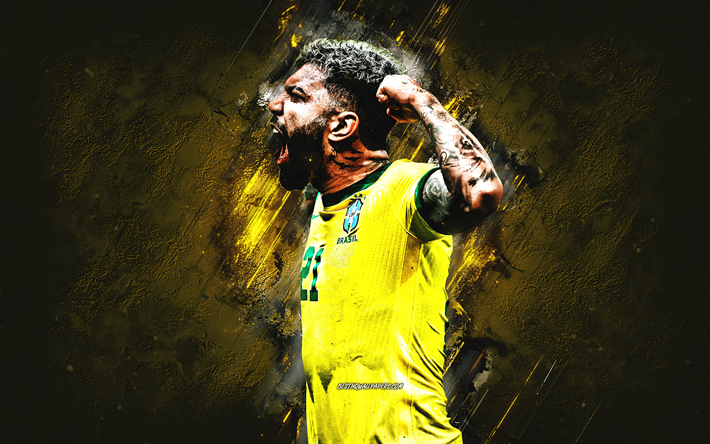 Gabriel Barbosa, squadra nazionale di calcio brasiliana, giocatore di football brasiliano, ritratto, sfondo di pietra gialla, Brasile, calcio