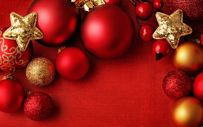 Red Christmas background, 4k, red Christmas balls, background with red balls, Merry Christmas, Happy New Year, golden stars
