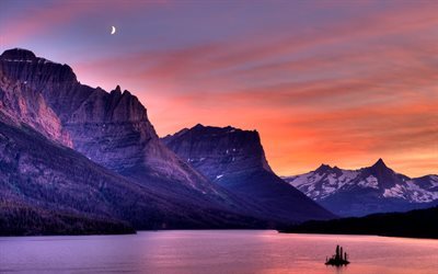 Amerikassa, Wild Goose Island, sunset, vuoret, Montana, USA
