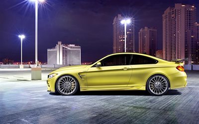 BMW M4, 4k, Hamann, tuning, supercars, F82, de noche, de color amarillo m4, BMW