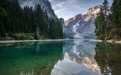 山, 森林, 山湖山の風景, イタリア, Dolomites