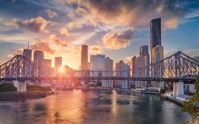 Brisbane, la Historia del Puente, noche, puesta de sol, rascacielos, urbano, Australia, Queensland, Brisbane River