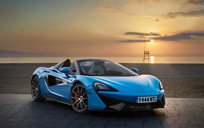 McLaren 570S Spider, 2018, blue cabriolet, supercar, sunset, racing cars, McLaren