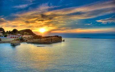 Isla de corf&#250;, Grecia, puesta de sol, mar J&#243;nico, noche, paisaje marino, 4k