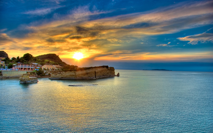 Ilha Corfu, Gr&#233;cia, p&#244;r do sol, Mar j&#244;nico, noite, marinha, 4k