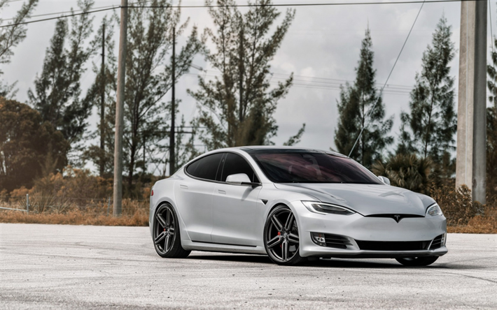 Tesla Model S, 2017, Vossen wheels, silver Model S, tuning, electric car, Tesla