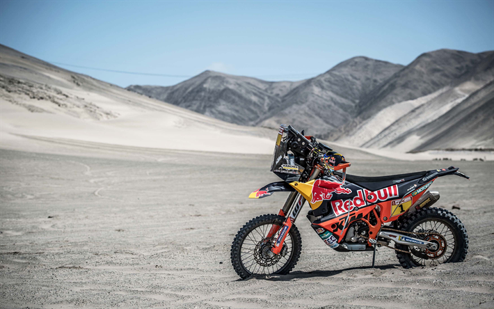 KTM 450 Rally Factory, 4k, rally raid, sand dunes, 2018 bikes, Dakar Rally, RED BULL KTM, extreme, KTM