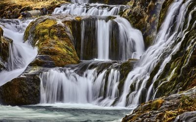 waterfall, stones, lake, beautiful landscape Iceland, rocks