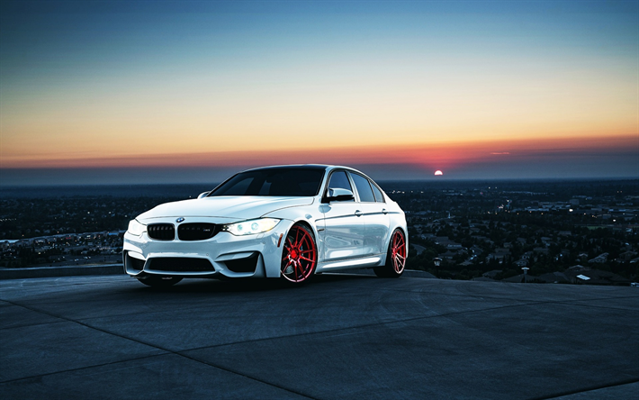 BMW M3, 2018, white sports sedan, tuning m3, m package, red wheels, German cars, white m3, BMW