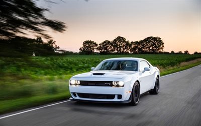 Dodge Challenger SRT Hellcat, road, 2018 cars, supercars, white Challenger, tuning, Dodge