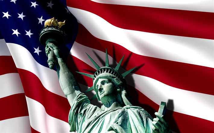 freiheitsstatue, amerikanische flagge, 4k, 3d art, flagge von amerika, die symbole der usa, amerika, usa, us-flagge