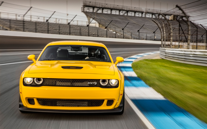 Dodge Challenger SRT Hellcat, raceway, 2018 cars, supercars, yellow Challenger, tuning, Dodge