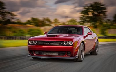 Dodge Challenger SRT Hellcat, motion blur, 2018 cars, supercars, road, red Challenger, tuning, Dodge