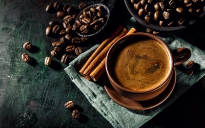 kahvia, ruskea kuppi, kahvipapuja, ruskea tikkuja, cappuccino, mustaa kahvia