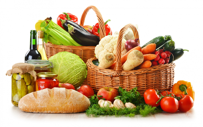 cesto di verdura, cibo, pane, alimenti sani concetti