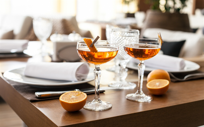 cocktail de laranja, bebidas alco&#243;licas, copos de vidro, coquetel de frutas, frutas c&#237;tricas, laranja