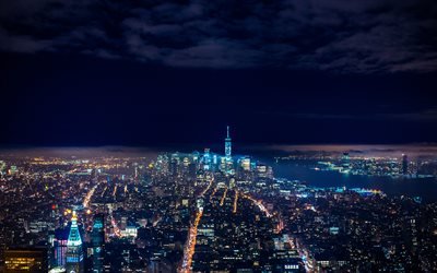 Nueva York, 4k, paisajes nocturnos, edificios, rascacielos, estados UNIDOS, ciudad de nueva york, estados unidos