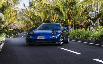 Mazda RX-7, blue urheilu coupe, Japanilaiset autot, n&#228;kym&#228; edest&#228;, ulkoa, blue RX-7, Mazda