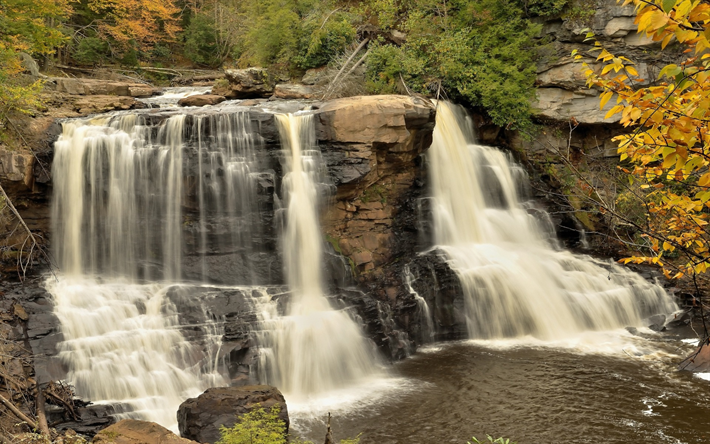 rio de montanha, cachoeira, pedras, floresta, outono, &#225;gua