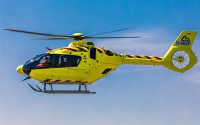 Airbus H135, 4k, yellow helicopter, civil aviation, Eurocopter EC135, Airbus