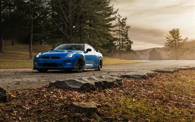 Nissan GT-R, sports coupe, tuning, black wheels, Japanese sports cars, Blue GT-R, Nissan