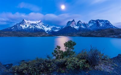 Pehoe Lake, night, moon, mountain landscape, Patagonia, Patagonian Andes, Torres del Paine National Park, Chile