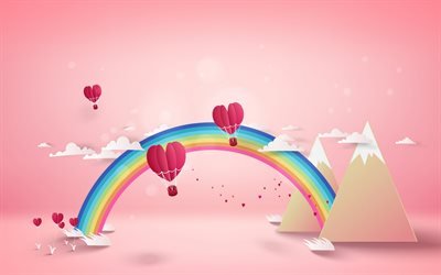 Valentines Day, origami, landscape, rendering, romantic landscape, red hearts
