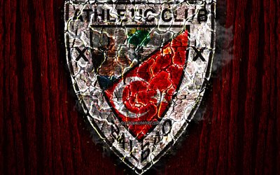 Athletic Bilbao, scorched logo, LaLiga, red wooden background, spanish football club, grunge, Athletic Club Bilbao, football, soccer, Athletic Bilbao logo, fire texture, Spain