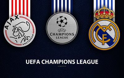 AFC Ajax vs Real Madrid, UEFA Champions League, football match, promo, logos, emblems of football clubs, leather blue texture, champions league logo, Real Madrid