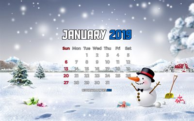 kalender januar 2019, 4k, schneemann, 2019 kalender, winterlandschaft, im januar 2019, kalender mit schneemann