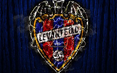 Levante, scorched logo, LaLiga, red wooden background, spanish football club, grunge, Levante UD, football, soccer, Levante logo, fire texture, Spain