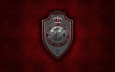 Royal Antwerp FC, Belgian football club, red metal texture, metal logo, emblem, Antwerp, Belgium, Jupiler Pro League, Belgian First Division A, creative art, football