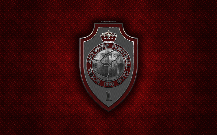 Royal Antwerp FC, Belgian football club, red metal texture, metal logo, emblem, Antwerp, Belgium, Jupiler Pro League, Belgian First Division A, creative art, football