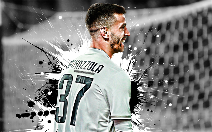 Leonardo Spinazzola, 4k, Italian football player, Juventus FC, defender, black and white paint splashes, creative art, Serie A, Italy, football, grunge, Spinazzola, Juve