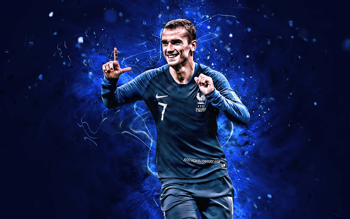 Antoine Griezmann, FFF, France National Team, goal, soccer, abstract art, french footballers, Griezmann, neon lights, French football team