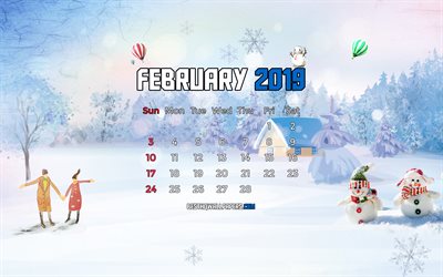 4k -, kalender-februar 2019, schneeflocken, schneemann, 2019 kalender, im februar 2019, kalender mit schneemann, februar 2019 kalender, winter landschaft